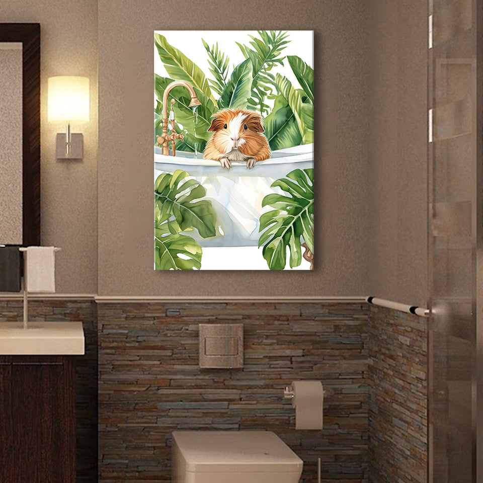 Guinea Pig In Bathtub Bathroom Decor Print Tropical Leave Canvas Prints Wall Art, Bathroom Art Decor,
