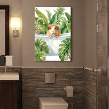 Guinea Pig In Bathtub Bathroom Decor Print Tropical Leave Canvas Prints Wall Art, Bathroom Art Decor,