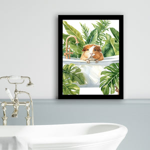 Guinea Pig In Bathtub Bathroom Decor Print Tropical Leave Framed Art Print Wall Decor, Bathroom Framed Art Decor