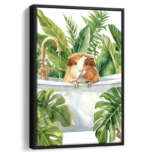 Guinea Pig In Bathtub Bathroom Decor Print Tropical Leave Framed Canvas Prints Wall Art, Bathroom Framed Art Decor