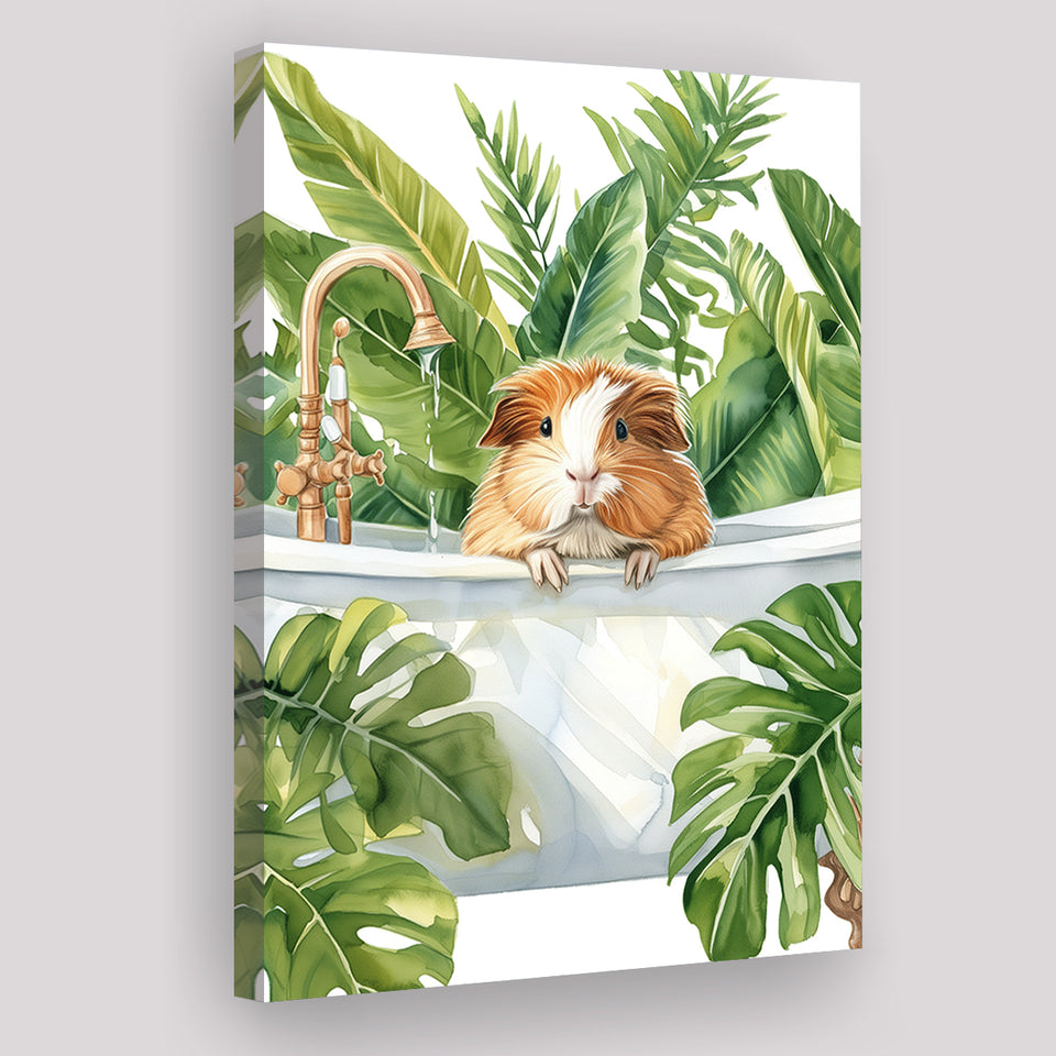 Guinea Pig In Bathtub Bathroom Decor Print Tropical Leave Canvas Prints Wall Art, Bathroom Art Decor,