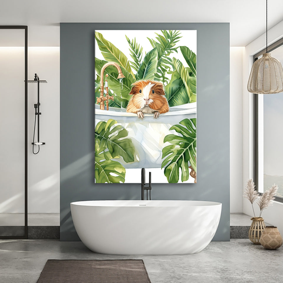 Guinea Pig In Bathtub Bathroom Decor Print Tropical Leave Canvas Prints Wall Art, Bathroom Art Decor,