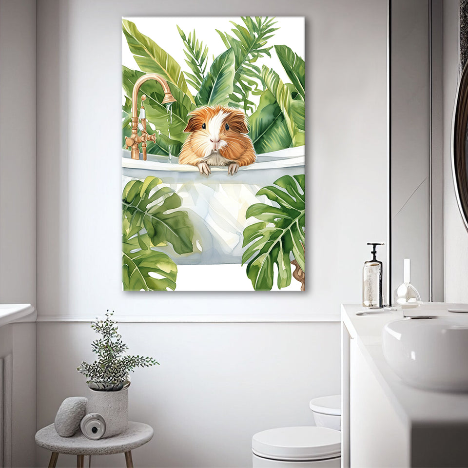 Guinea Pig In Bathtub Bathroom Decor Print Tropical Leave Canvas Prints Wall Art, Bathroom Art Decor,