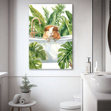 Guinea Pig In Bathtub Bathroom Decor Print Tropical Leave Canvas Prints Wall Art, Bathroom Art Decor,