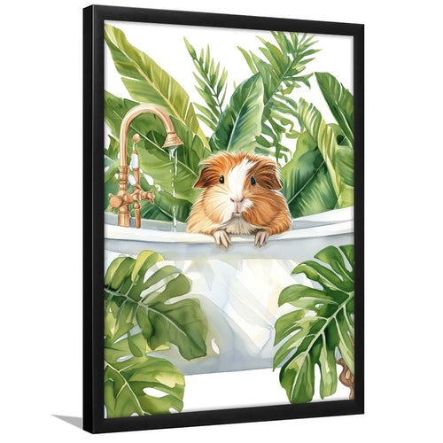 Guinea Pig In Bathtub Bathroom Decor Print Tropical Leave Framed Art Print Wall Decor, Bathroom Framed Art Decor