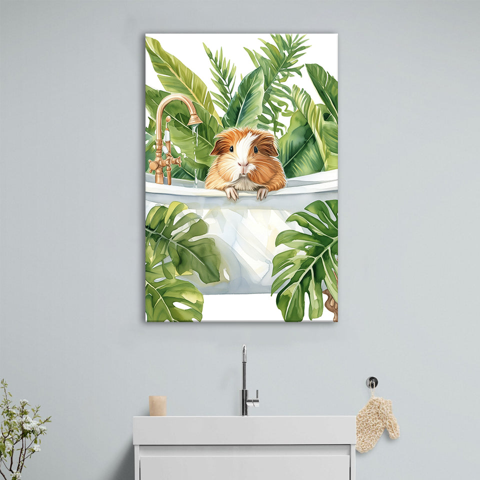 Guinea Pig In Bathtub Bathroom Decor Print Tropical Leave Canvas Prints Wall Art, Bathroom Art Decor,
