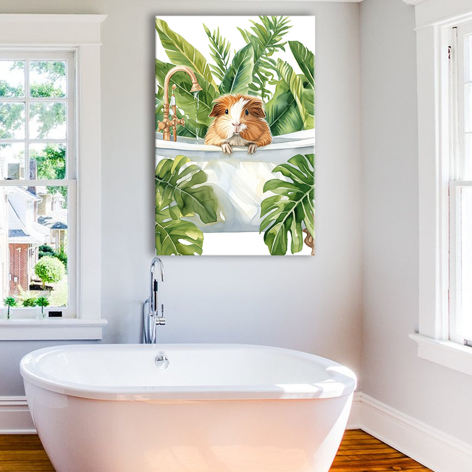 Guinea Pig In Bathtub Bathroom Decor Print Tropical Leave Canvas Prints Wall Art, Bathroom Art Decor,