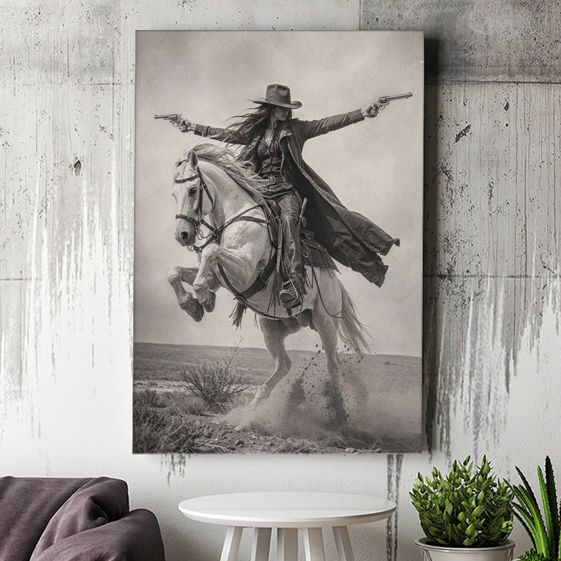 Gunslinger Cowgirl, Wild West Horse Riding Wall Art, Western Female Cowboy Living Room Decor, Canvas Print Wall Art, Wall Decor