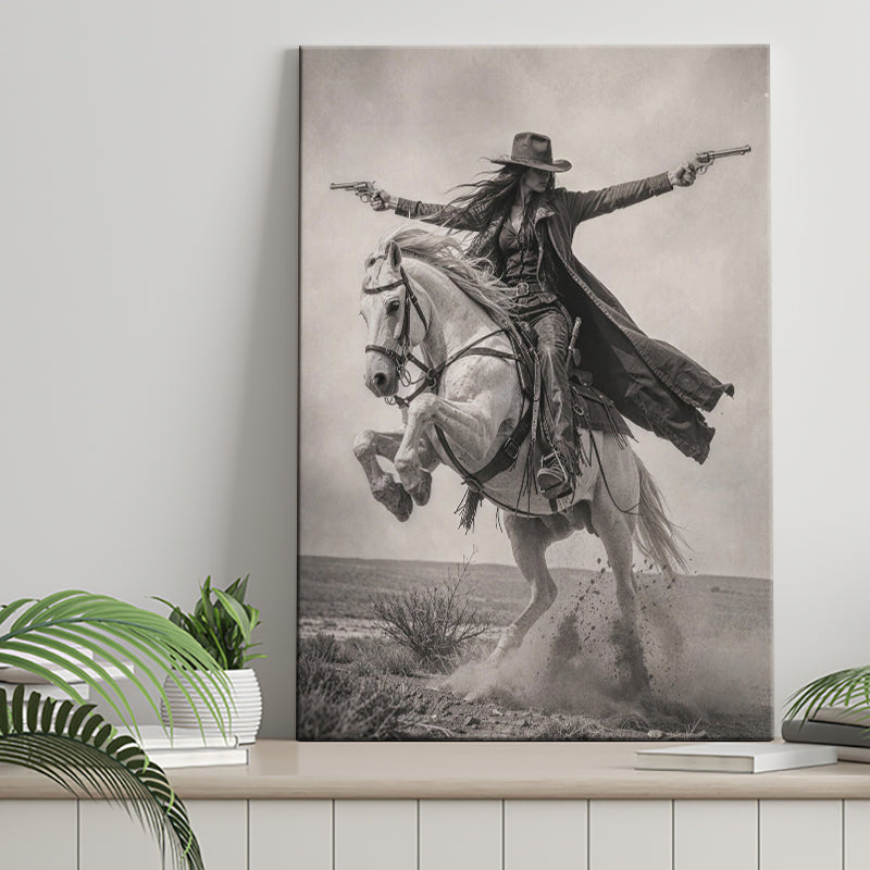 Gunslinger Cowgirl, Wild West Horse Riding Wall Art, Western Female Cowboy Living Room Decor, Canvas Print Wall Art, Wall Decor