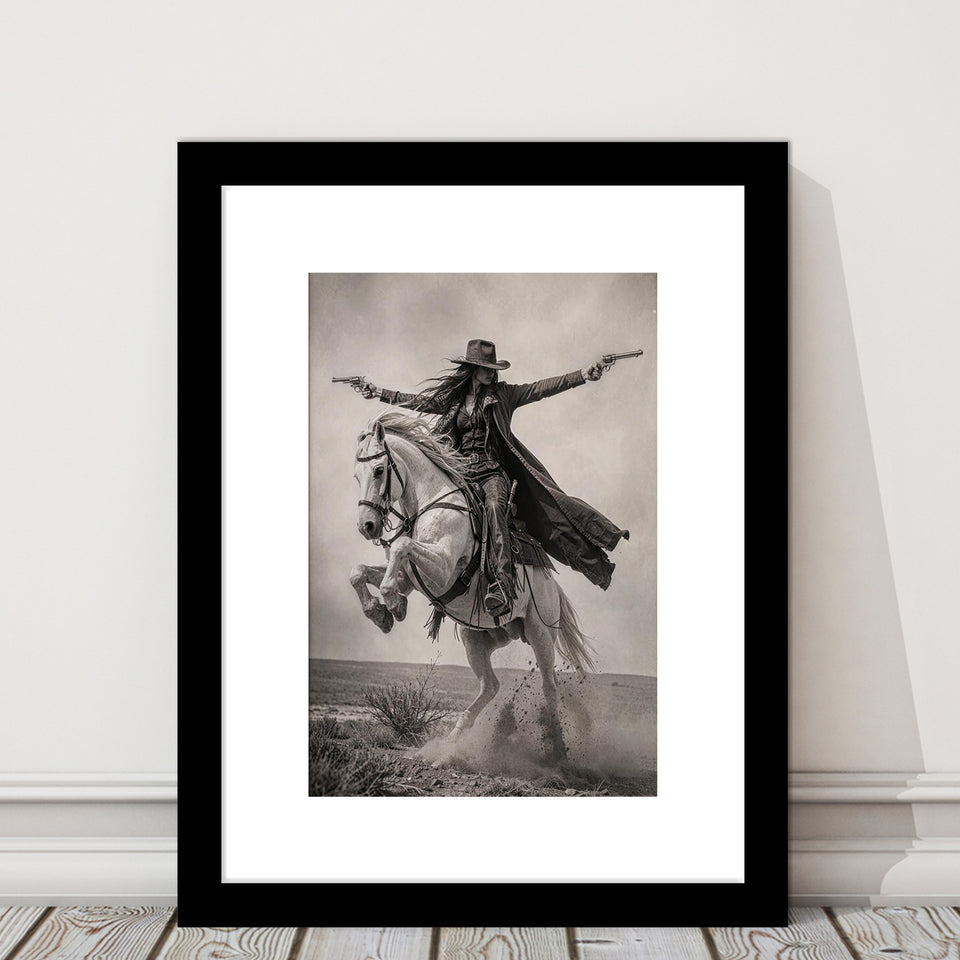 Gunslinger Cowgirl, Wild West Horse Riding Wall Art, Western Female Cowboy Living Room Decor, Framed Art Print White Border