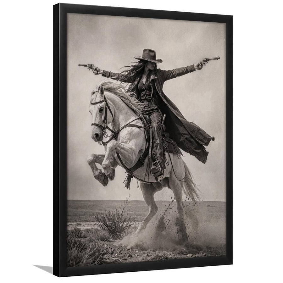 Gunslinger Cowgirl, Wild West Horse Riding Wall Art, Western Female Cowboy Living Room Decor, Framed Art Print, Fine Art Wall Decor