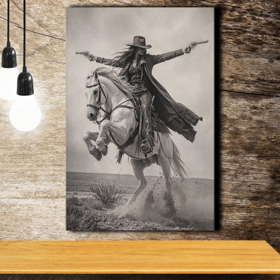 Gunslinger Cowgirl, Wild West Horse Riding Wall Art, Western Female Cowboy Living Room Decor, Canvas Print Wall Art, Wall Decor