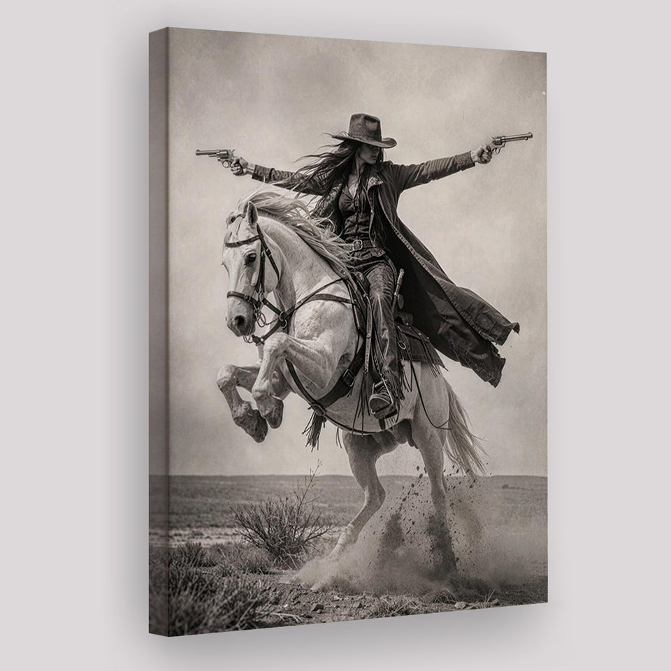 Gunslinger Cowgirl, Wild West Horse Riding Wall Art, Western Female Cowboy Living Room Decor, Canvas Print Wall Art, Wall Decor