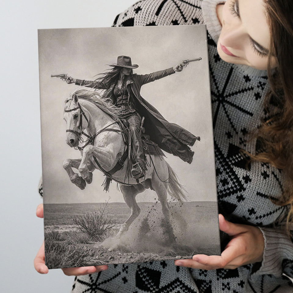 Gunslinger Cowgirl, Wild West Horse Riding Wall Art, Western Female Cowboy Living Room Decor, Canvas Print Wall Art, Wall Decor