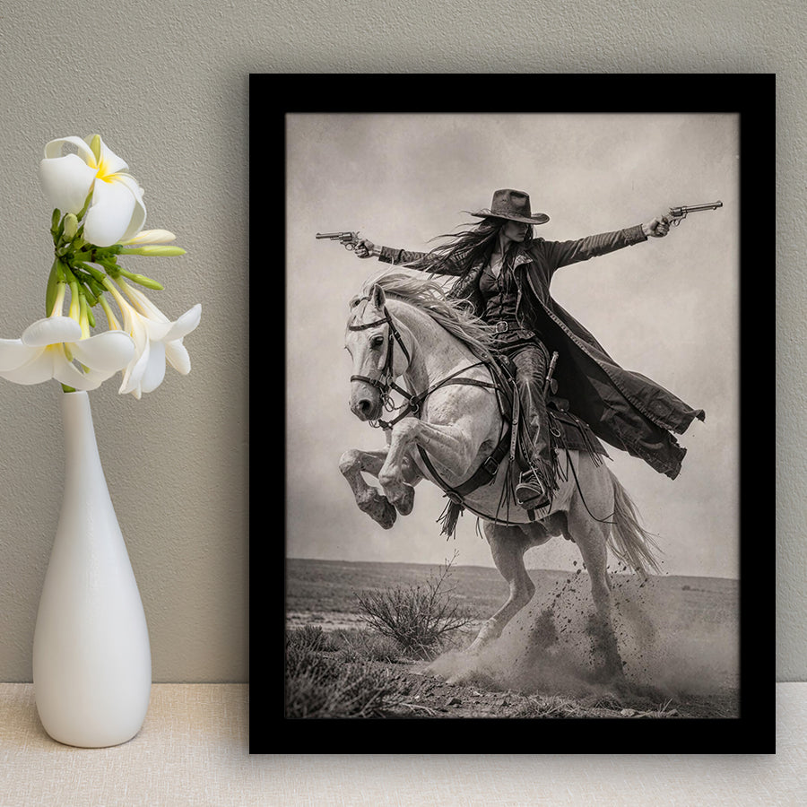 Gunslinger Cowgirl, Wild West Horse Riding Wall Art, Western Female Cowboy Living Room Decor, Framed Art Print, Fine Art Wall Decor