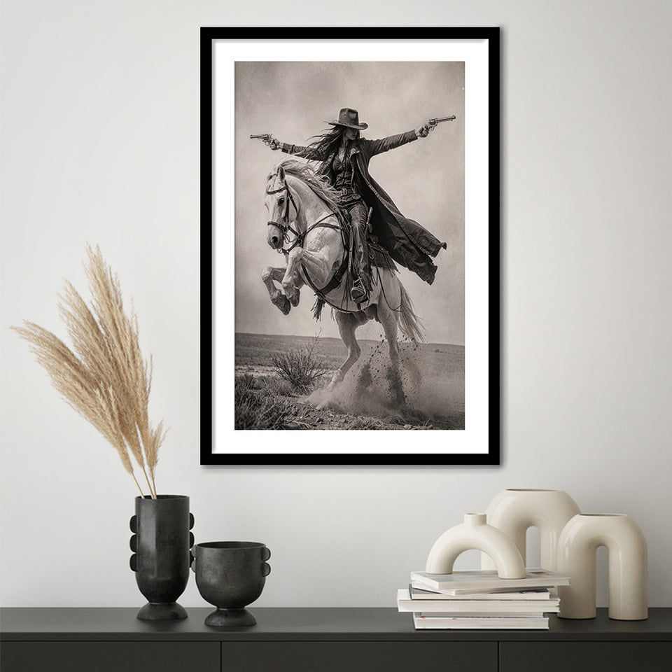 Gunslinger Cowgirl, Wild West Horse Riding Wall Art, Western Female Cowboy Living Room Decor, Framed Art Print White Border