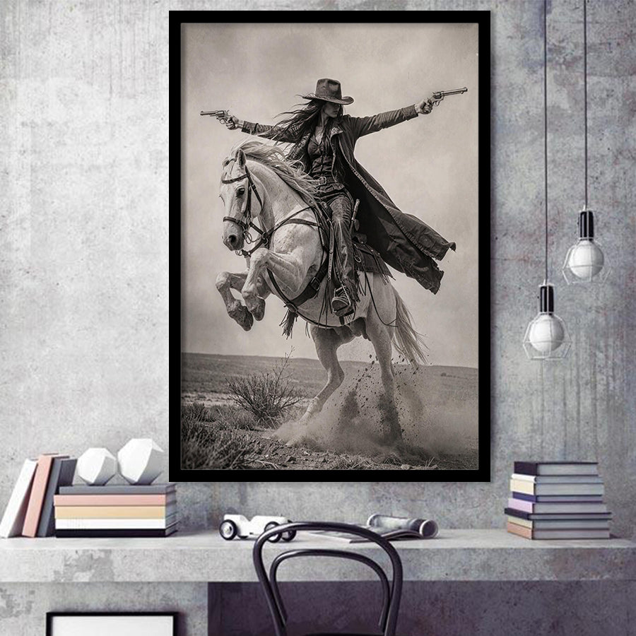 Gunslinger Cowgirl, Wild West Horse Riding Wall Art, Western Female Cowboy Living Room Decor, Framed Art Print, Fine Art Wall Decor