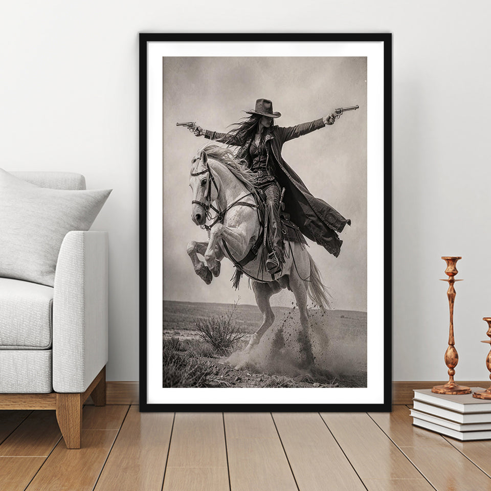 Gunslinger Cowgirl, Wild West Horse Riding Wall Art, Western Female Cowboy Living Room Decor, Framed Art Print White Border