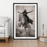 Gunslinger Cowgirl, Wild West Horse Riding Wall Art, Western Female Cowboy Living Room Decor, Framed Art Print White Border