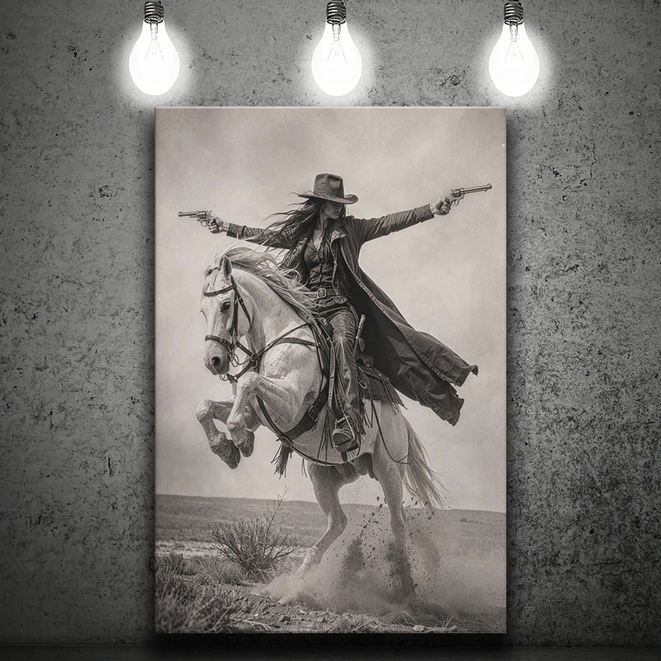 Gunslinger Cowgirl, Wild West Horse Riding Wall Art, Western Female Cowboy Living Room Decor, Canvas Print Wall Art, Wall Decor