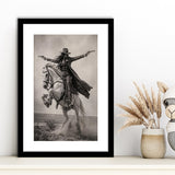 Gunslinger Cowgirl, Wild West Horse Riding Wall Art, Western Female Cowboy Living Room Decor, Framed Art Print White Border