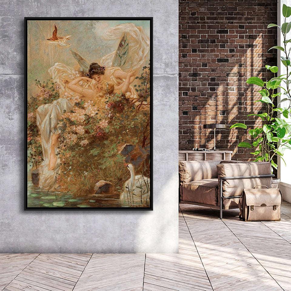 Hans Zatzka Two Fairies Embracing In A Landscape With A Swan Canvas Art,Framed Canvas Prints Wall Art Decor, Floating Frame