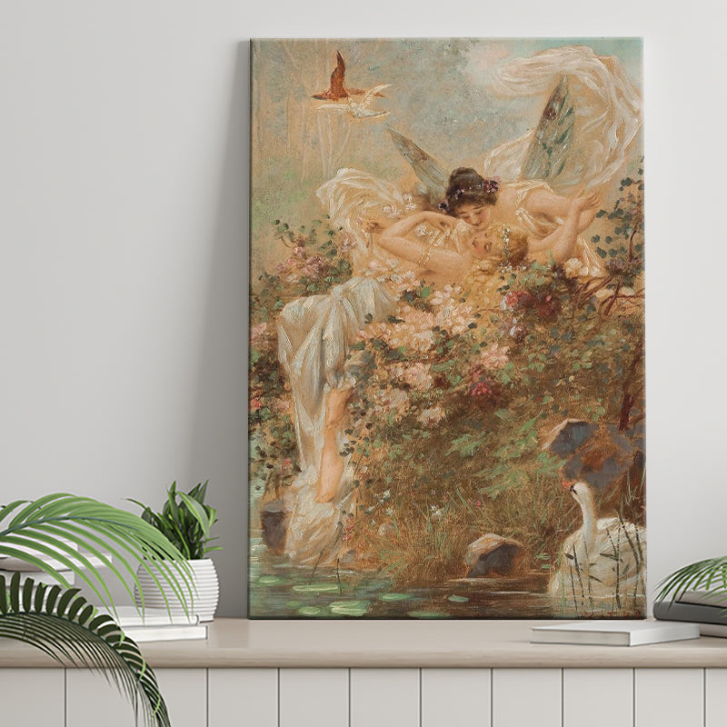 Hans Zatzka Two Fairies Embracing In A Landscape With A Swan Canvas Art, Canvas Painting, Canvas Print Wall Art Decor