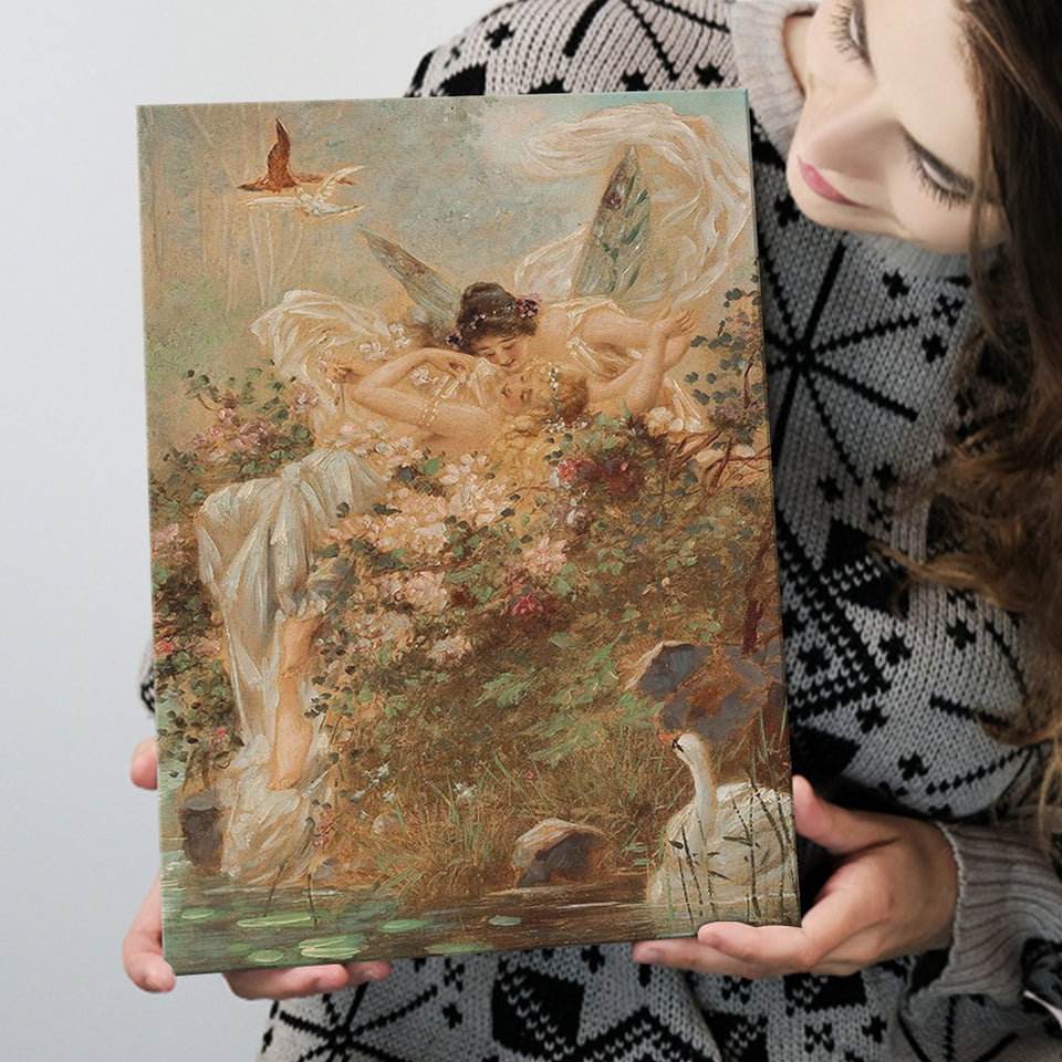 Hans Zatzka Two Fairies Embracing In A Landscape With A Swan Canvas Art, Canvas Painting, Canvas Print Wall Art Decor