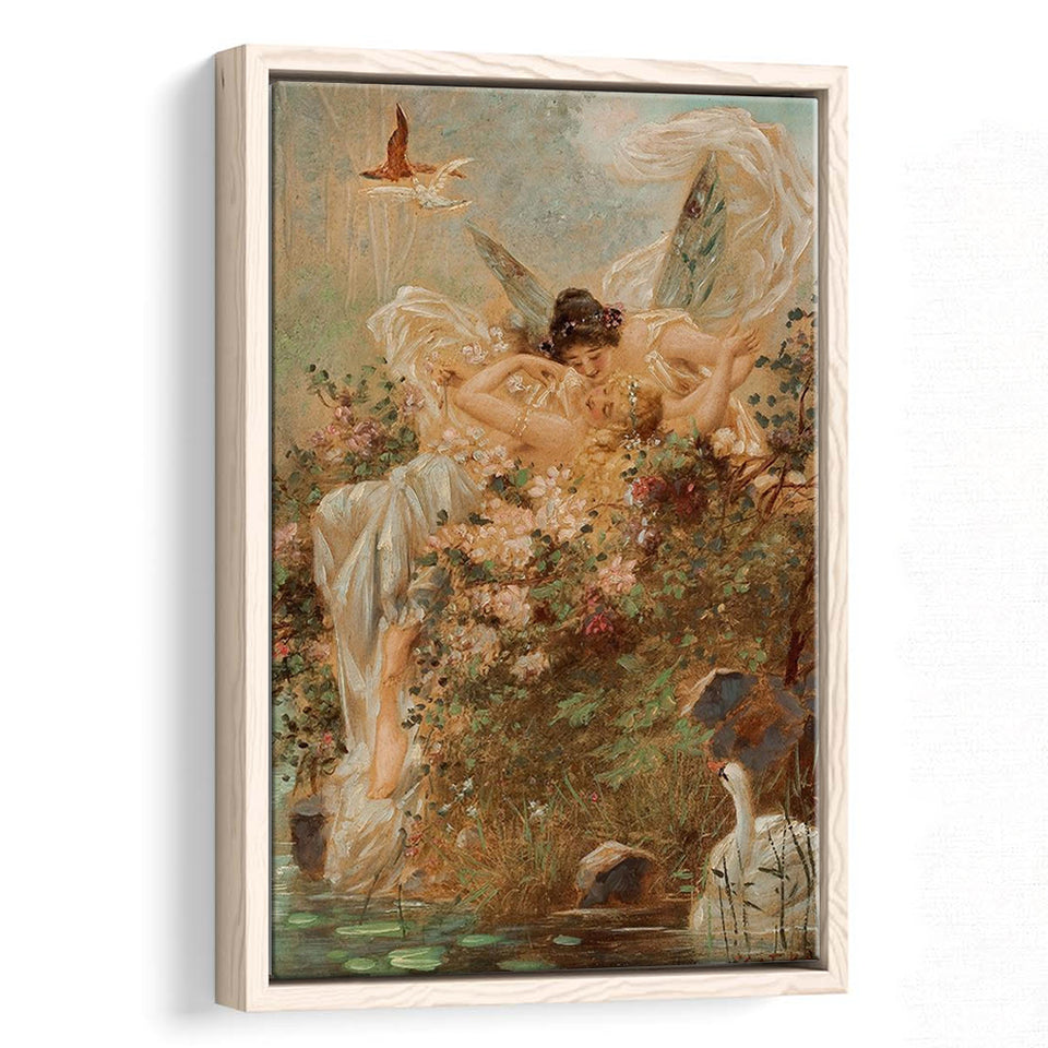 Hans Zatzka Two Fairies Embracing In A Landscape With A Swan Canvas Art,Framed Canvas Prints Wall Art Decor, Floating Frame