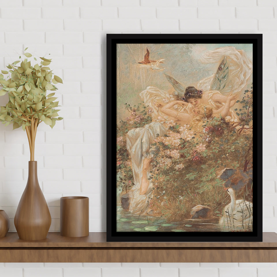 Hans Zatzka Two Fairies Embracing In A Landscape With A Swan Canvas Art,Framed Canvas Prints Wall Art Decor, Floating Frame