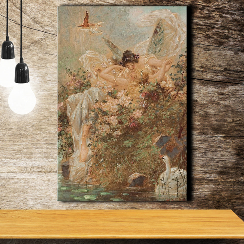 Hans Zatzka Two Fairies Embracing In A Landscape With A Swan Canvas Art, Canvas Painting, Canvas Print Wall Art Decor