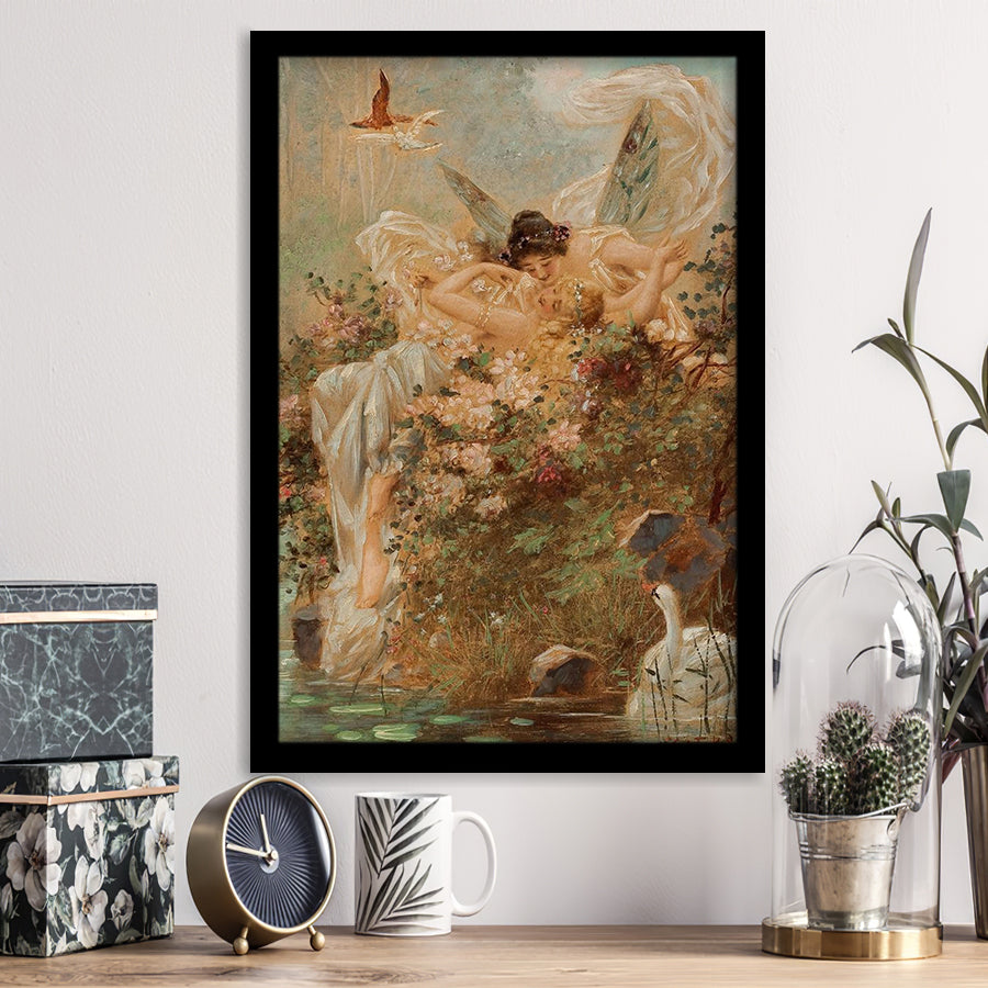 Hans Zatzka Two Fairies Embracing In A Landscape With A Swan Art,Framed Art Prints Wall Decor, Picture Framed