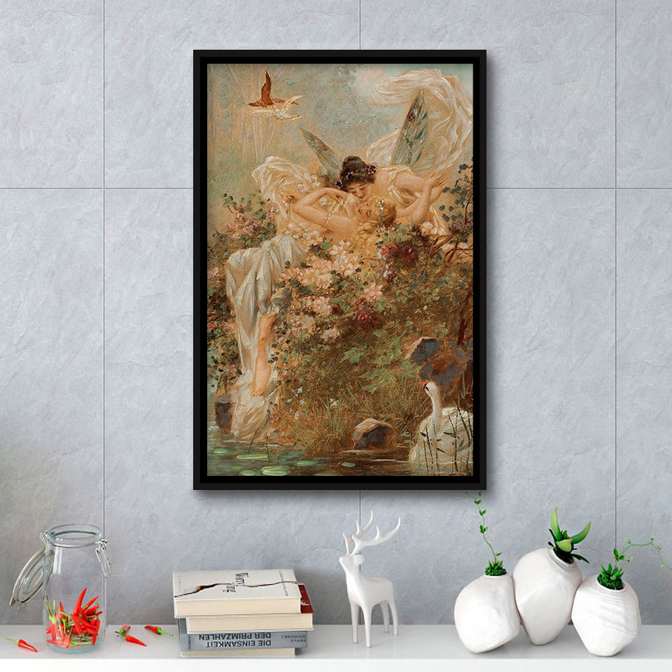 Hans Zatzka Two Fairies Embracing In A Landscape With A Swan Canvas Art,Framed Canvas Prints Wall Art Decor, Floating Frame