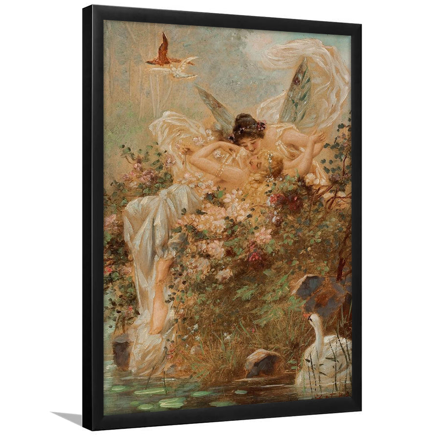 Hans Zatzka Two Fairies Embracing In A Landscape With A Swan Art,Framed Art Prints Wall Decor, Picture Framed