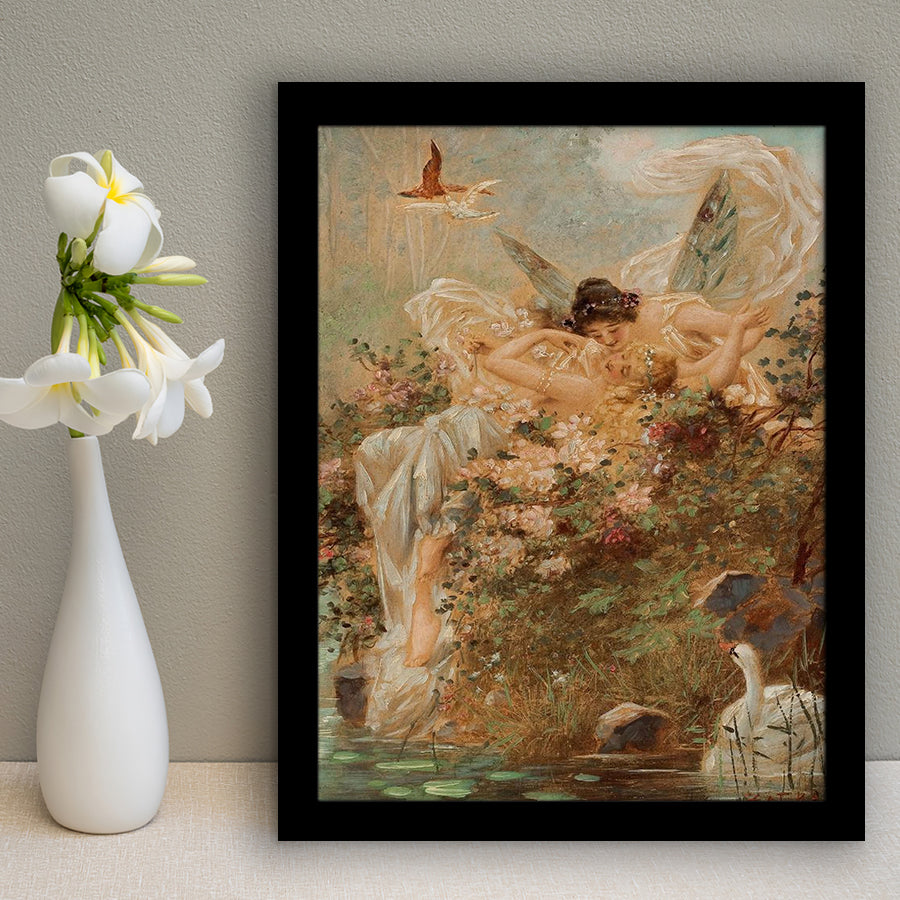 Hans Zatzka Two Fairies Embracing In A Landscape With A Swan Art,Framed Art Prints Wall Decor, Picture Framed
