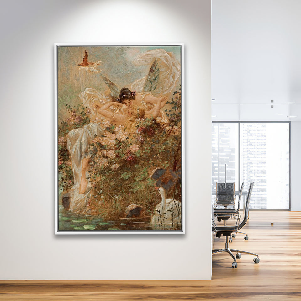 Hans Zatzka Two Fairies Embracing In A Landscape With A Swan Canvas Art,Framed Canvas Prints Wall Art Decor, Floating Frame