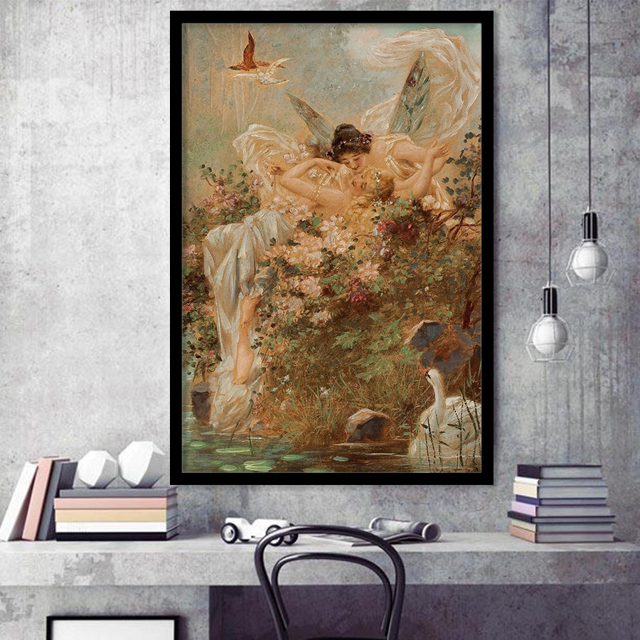 Hans Zatzka Two Fairies Embracing In A Landscape With A Swan Art,Framed Art Prints Wall Decor, Picture Framed