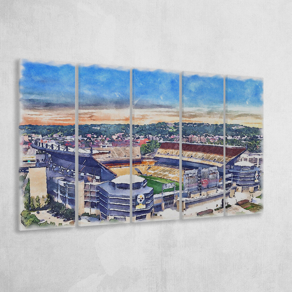 Heinz Field Print, Acrisure Stadium WaterColor 5 Panels B Mixed Canvas Prints, Extra Large
