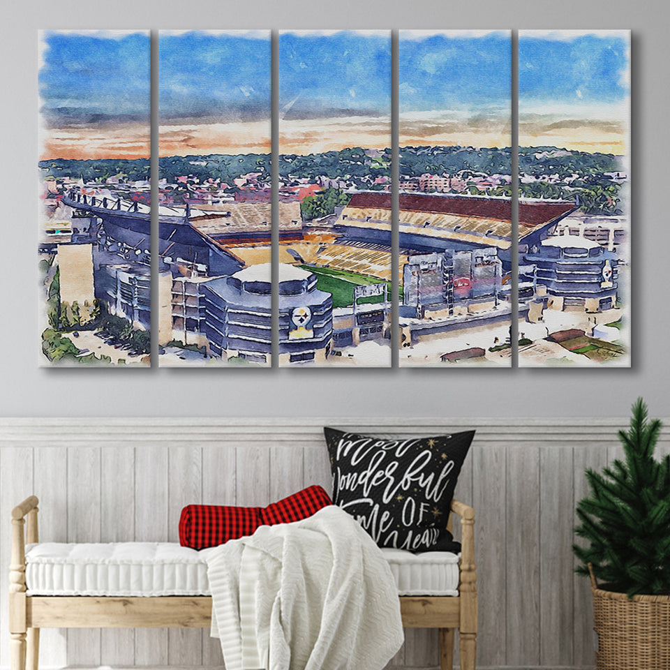 Heinz Field Print, Acrisure Stadium WaterColor 5 Panels B Mixed Canvas Prints, Extra Large