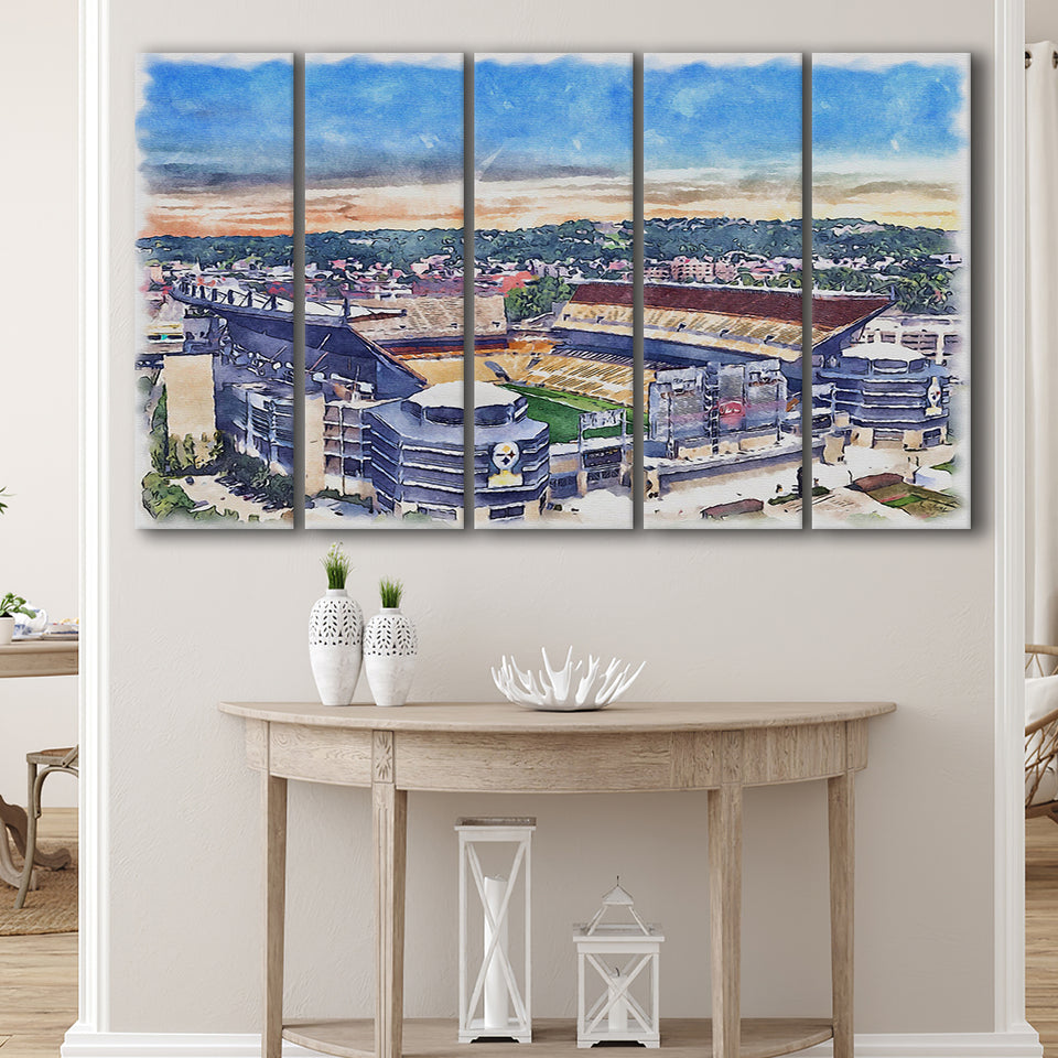 Heinz Field Print, Acrisure Stadium WaterColor 5 Panels B Mixed Canvas Prints, Extra Large
