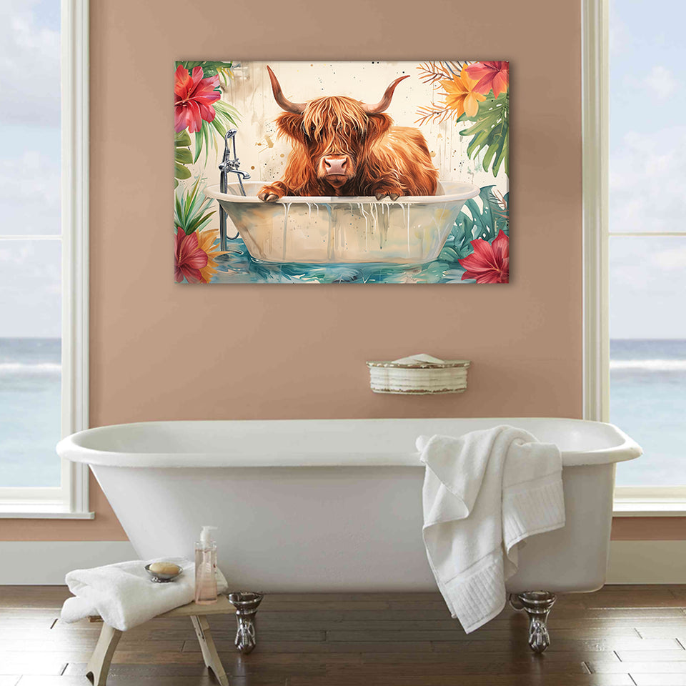 Highland Cow In Bathtub Bathroom Print Funny Animal, Bathroom Art Decor Canvas Prints Wall Art, Animal Bathroom Art