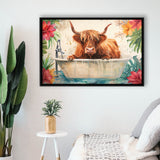 Highland Cow In Bathtub Bathroom Print Funny Animal, Bathroom Art Decor Framed Canvas Prints Wall Art,Floating Frame