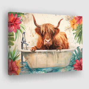 Highland Cow In Bathtub Bathroom Print Funny Animal, Bathroom Art Decor Canvas Prints Wall Art, Animal Bathroom Art
