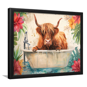 Highland Cow In Bathtub Bathroom Print Funny Animal, Bathroom Art Decor Framed Art PrintsWall Art, Animal Bathroom Art