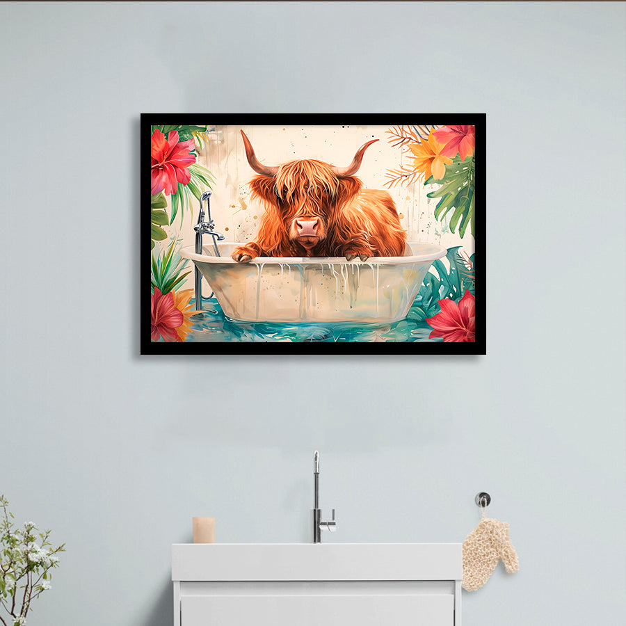Highland Cow In Bathtub Bathroom Print Funny Animal, Bathroom Art Decor Framed Art PrintsWall Art, Animal Bathroom Art