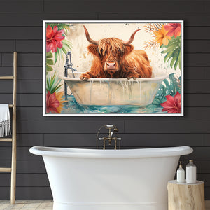 Highland Cow In Bathtub Bathroom Print Funny Animal, Bathroom Art Decor Framed Canvas Prints Wall Art,Floating Frame