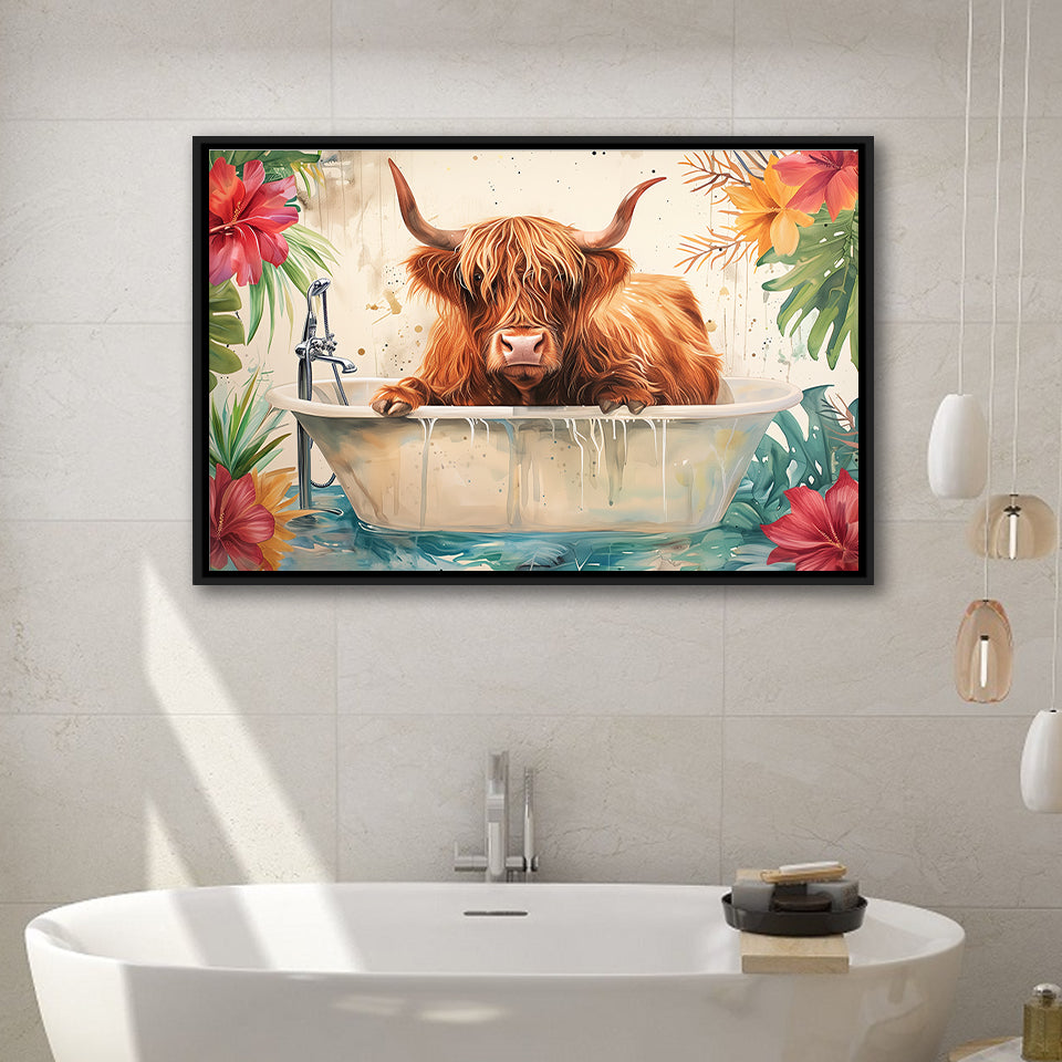 Highland Cow In Bathtub Bathroom Print Funny Animal, Bathroom Art Decor Framed Canvas Prints Wall Art,Floating Frame