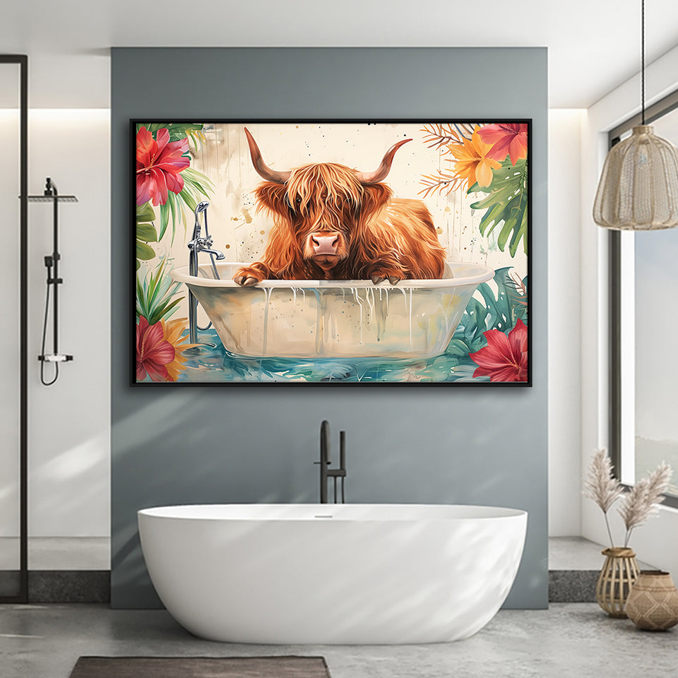 Highland Cow In Bathtub Bathroom Print Funny Animal, Bathroom Art Decor Framed Canvas Prints Wall Art,Floating Frame