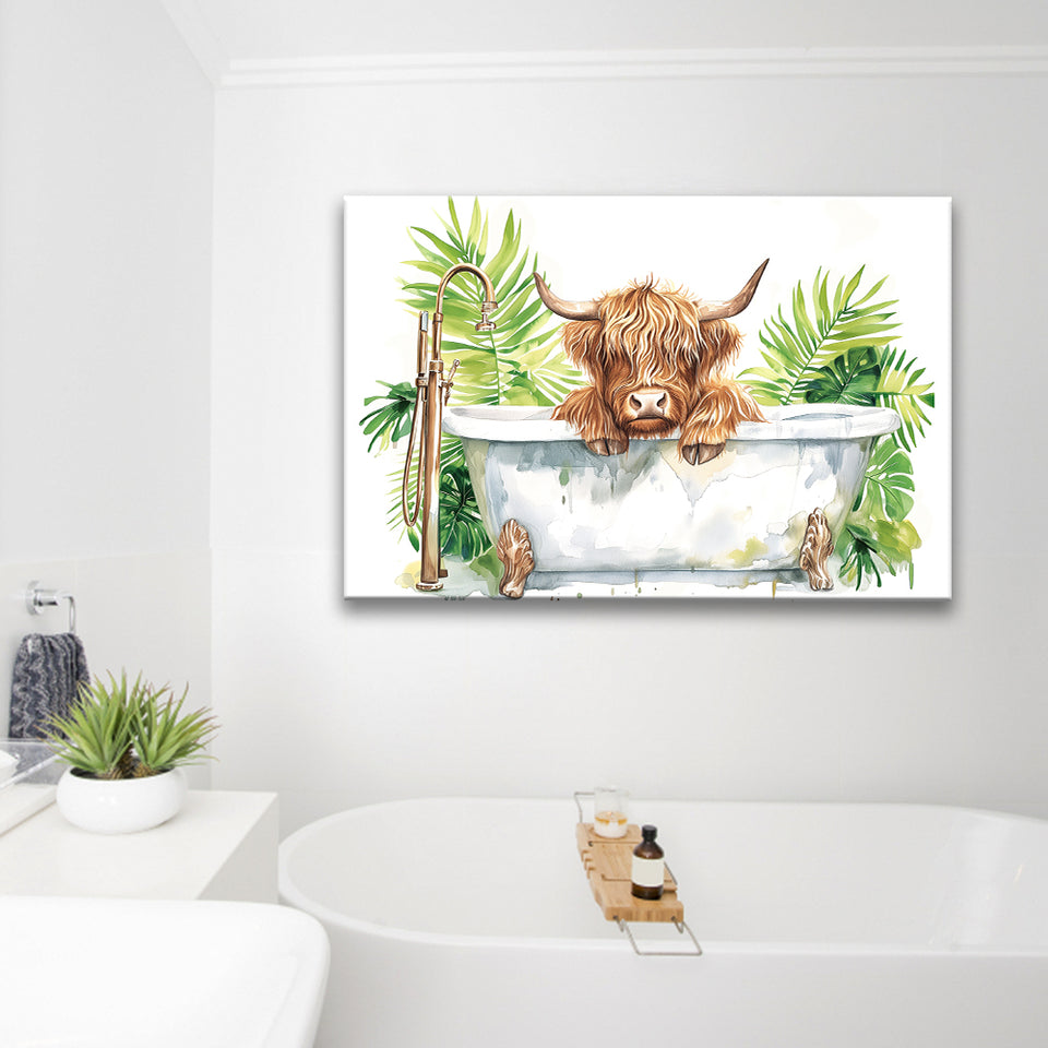 Highland Cow In Bathtub Bathroom Print Funny Animal V1, Bathroom Art Decor Canvas Prints Wall Art, Animal Bathroom Art