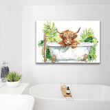 Highland Cow In Bathtub Bathroom Print Funny Animal V1, Bathroom Art Decor Canvas Prints Wall Art, Animal Bathroom Art